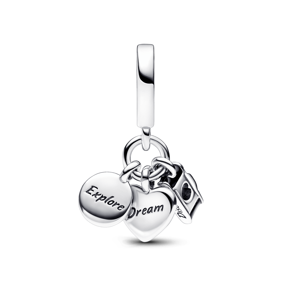 Charm Colgante Triple Cámara, Corazón y Brújula