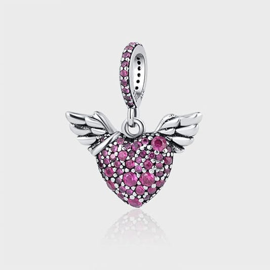 Charm Corazón y Alas de Ángel en Pavé Rosa