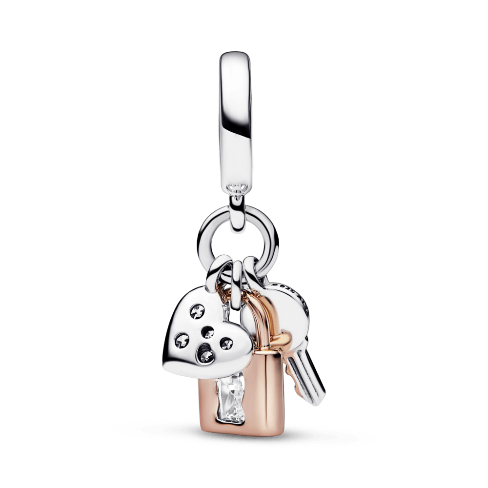 Charm Colgante Triple Llave, Candado y Corazón