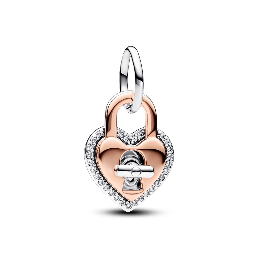 Charm Colgante Doble Corazón Candado Giratorio en Dos Tonos